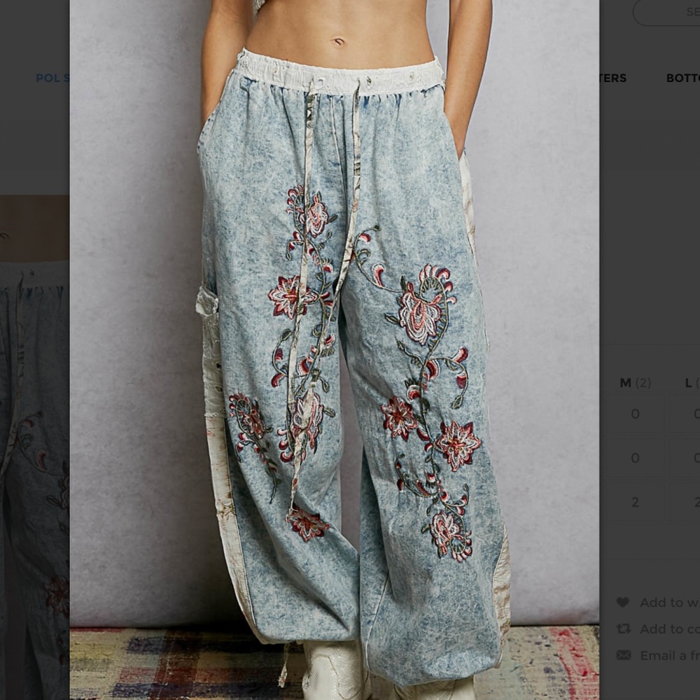 NWOT POL SZ LARGE Embroidered Wide-Leg Jogger Style Denim Pants - Light Blue
